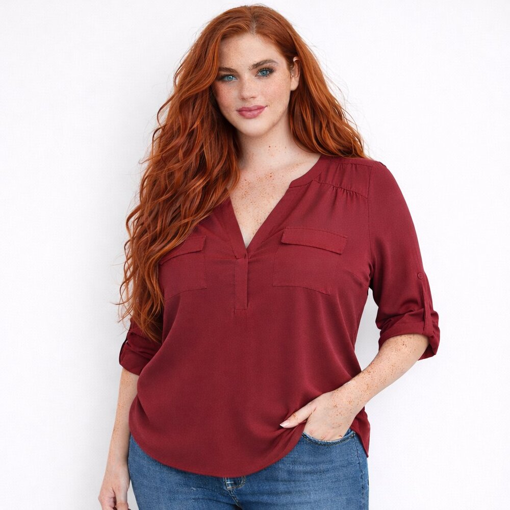 TORRID Plus Size 2 Burgundy Harper Blouse Flowy Career Top 3/4 Sleeve Stretch